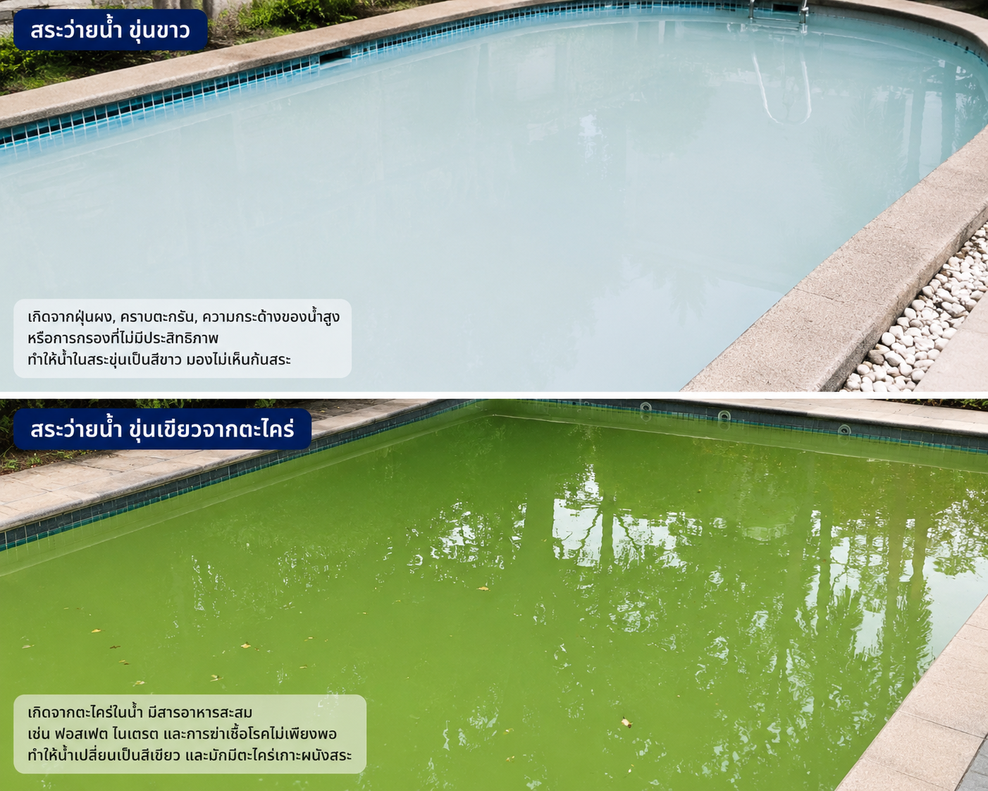 Green and cloudy swimming pool water caused by algae growth and poor water balance, showing murky conditions that require cleaning and chemical treatment.