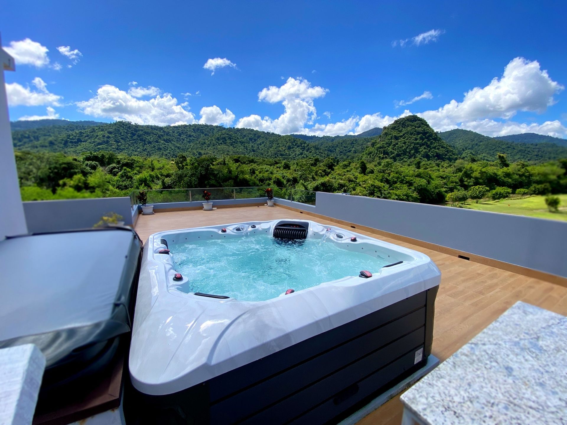 Q&G outdoor hot tub on a third-floor rooftop terrace in Pakchong, Khao Yai