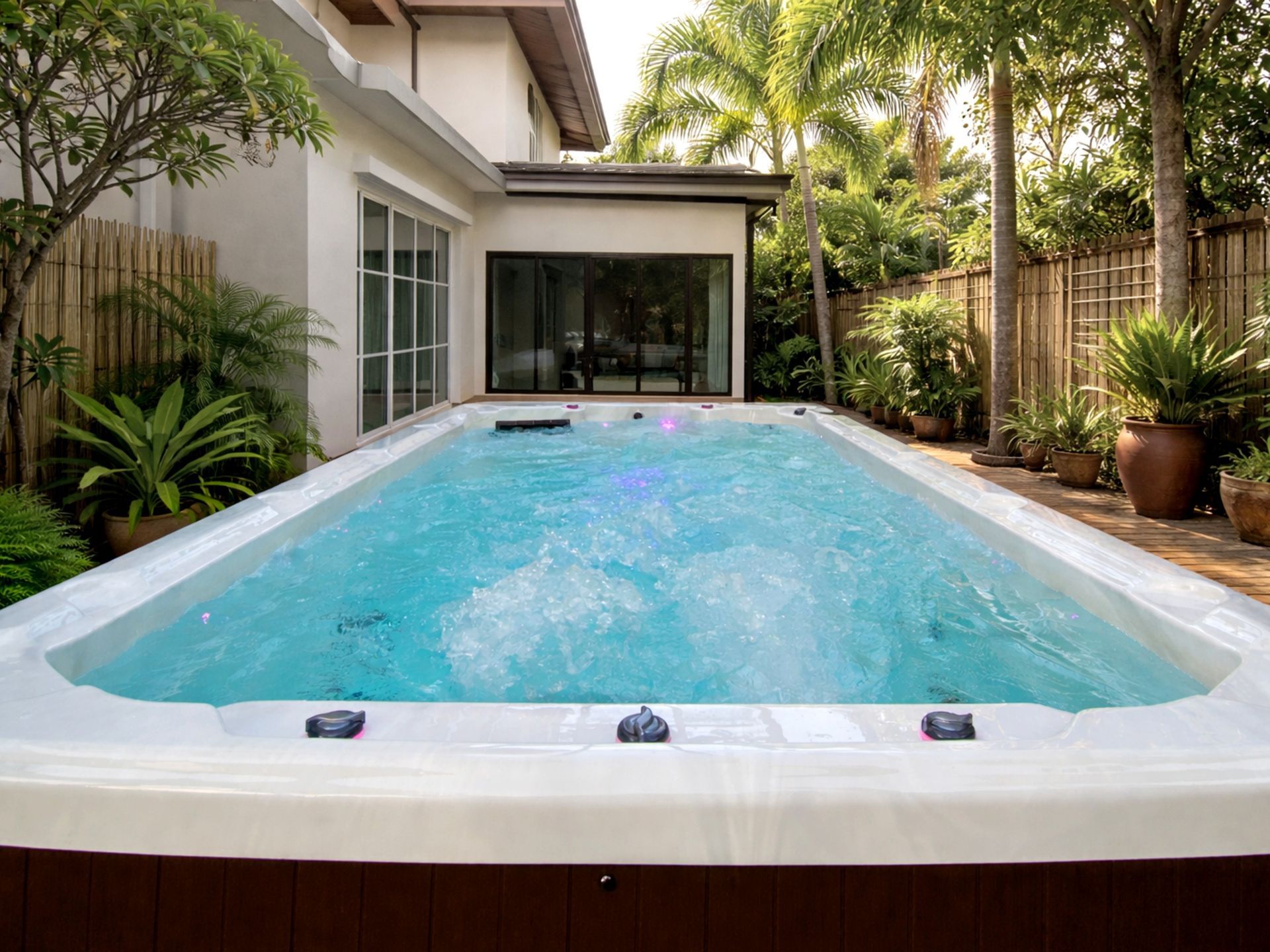 Above-ground swim spa installed beside a residential house, surrounded by tropical plants, featuring powerful water jets, LED lighting, and a compact design suitable for private home use in Thailand.