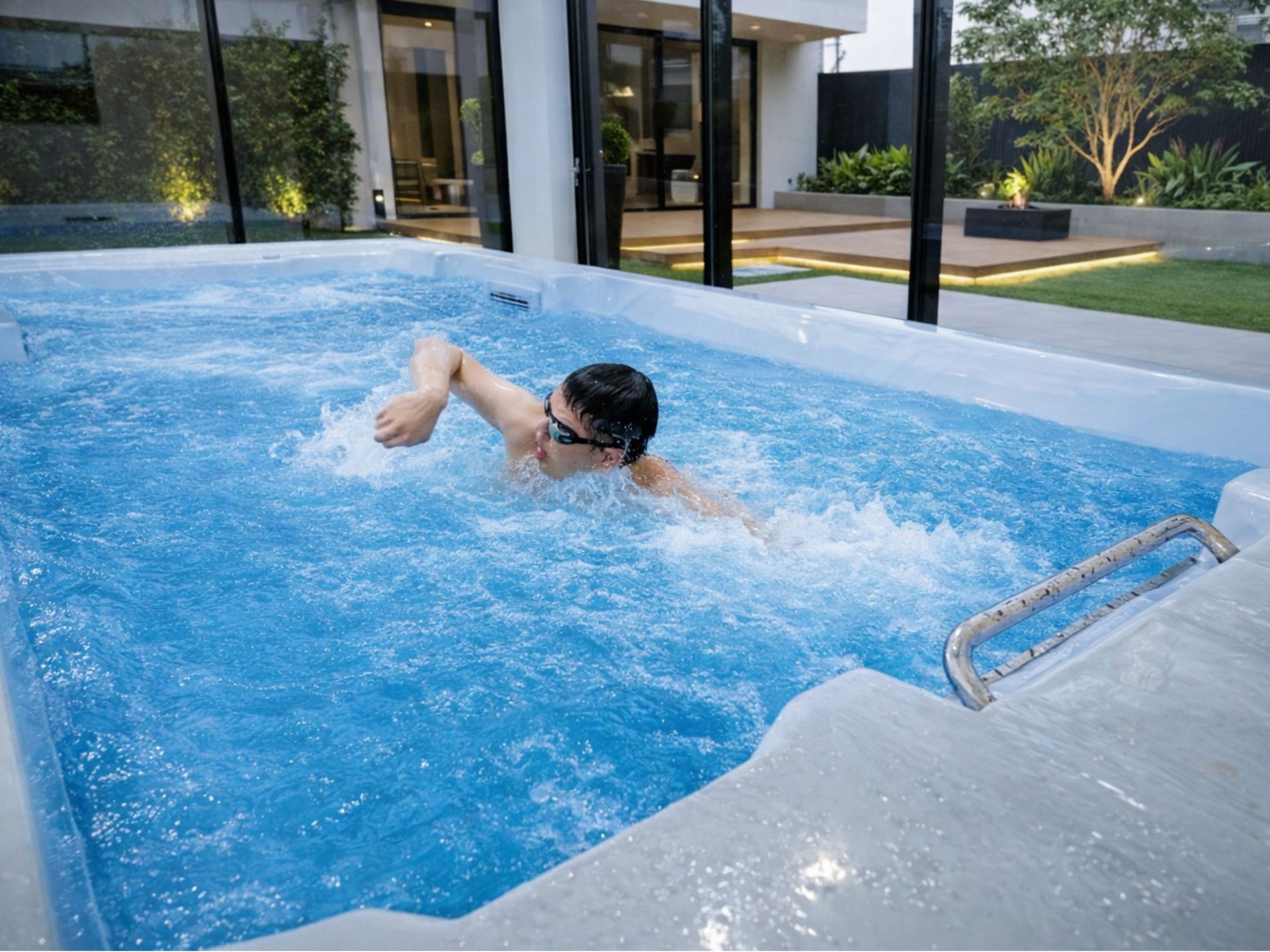 Above-ground swim spa with counter-current system for home swimming and fitness in Thailand
