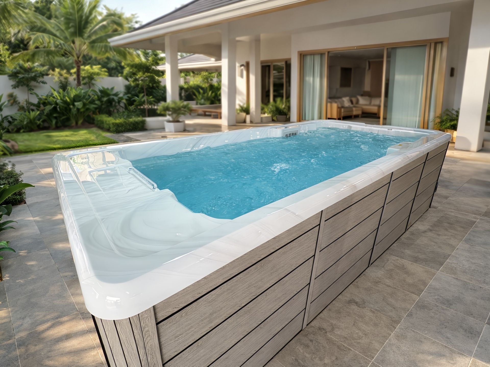 Luxury outdoor swim spa installed beside a modern tropical villa, featuring crystal-clear water, integrated seating and massage jets, surrounded by landscaped garden and spacious patio area.