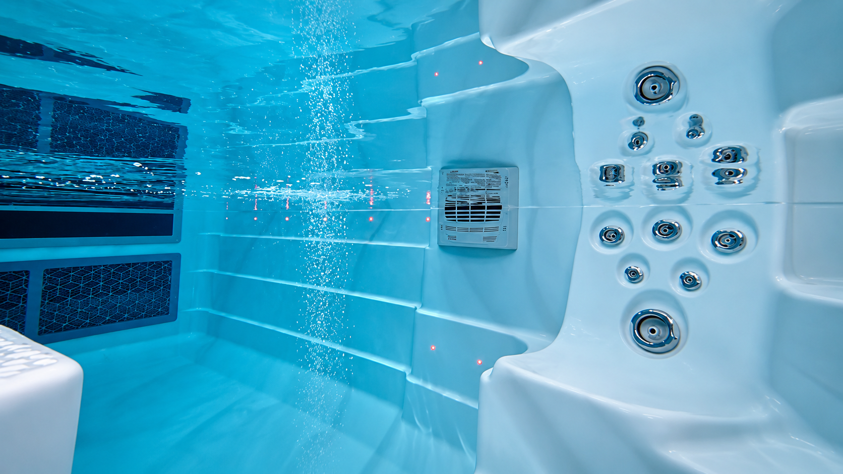 Underwater view of a swim spa with crystal-clear blue water, showcasing a clean and well-maintained environment with excellent water clarity and visibility.