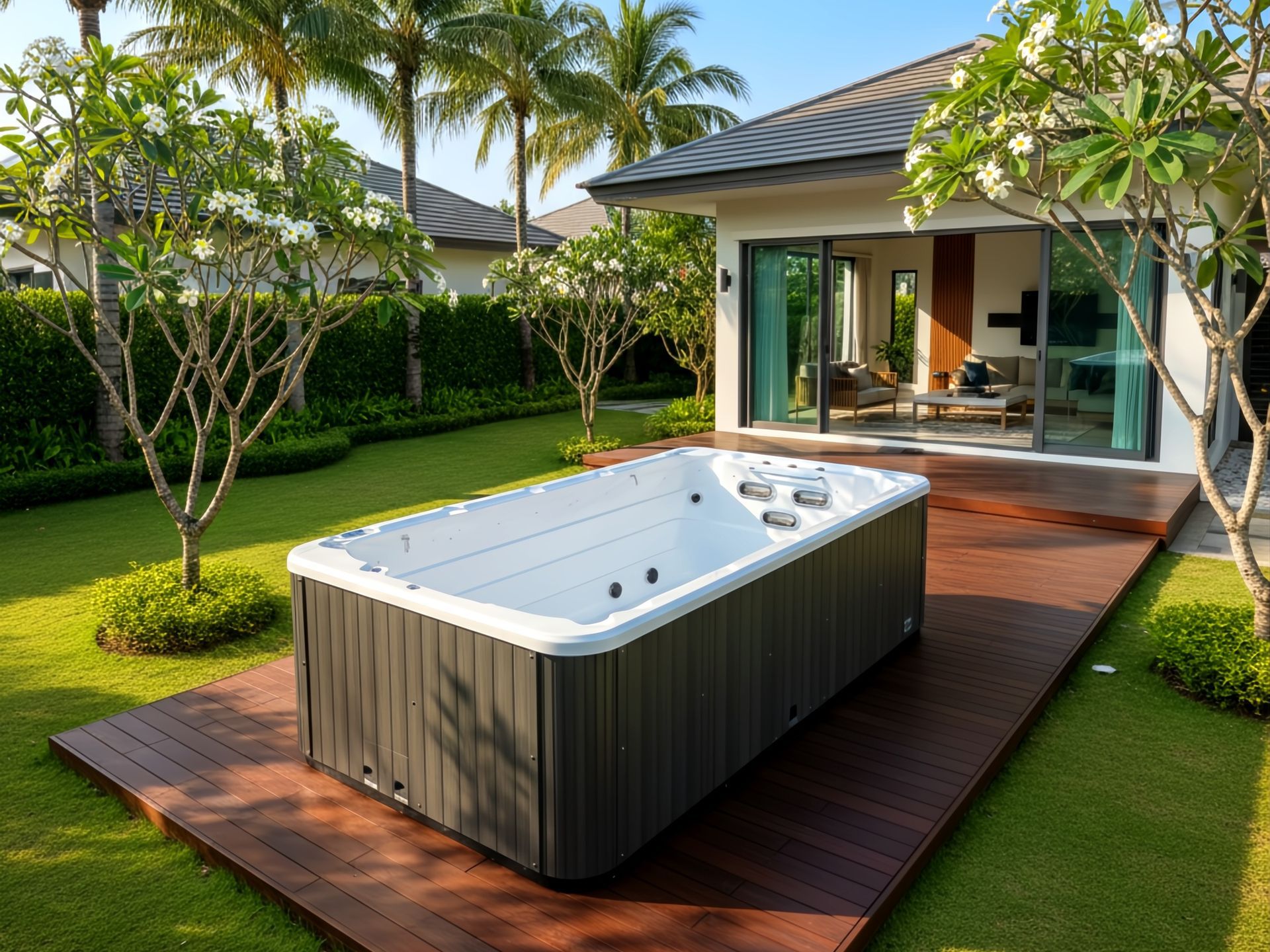 Compact above-ground swim spa for home use, ideal for small outdoor spaces in tropical climates Thailand