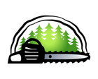 Stylized black-and-gray chainsaw with green pine trees inside the blade guard
