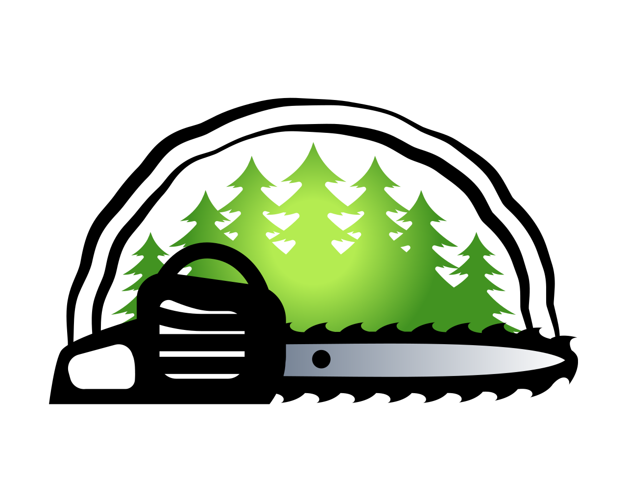 Stylized black-and-gray chainsaw with green pine trees inside the blade guard