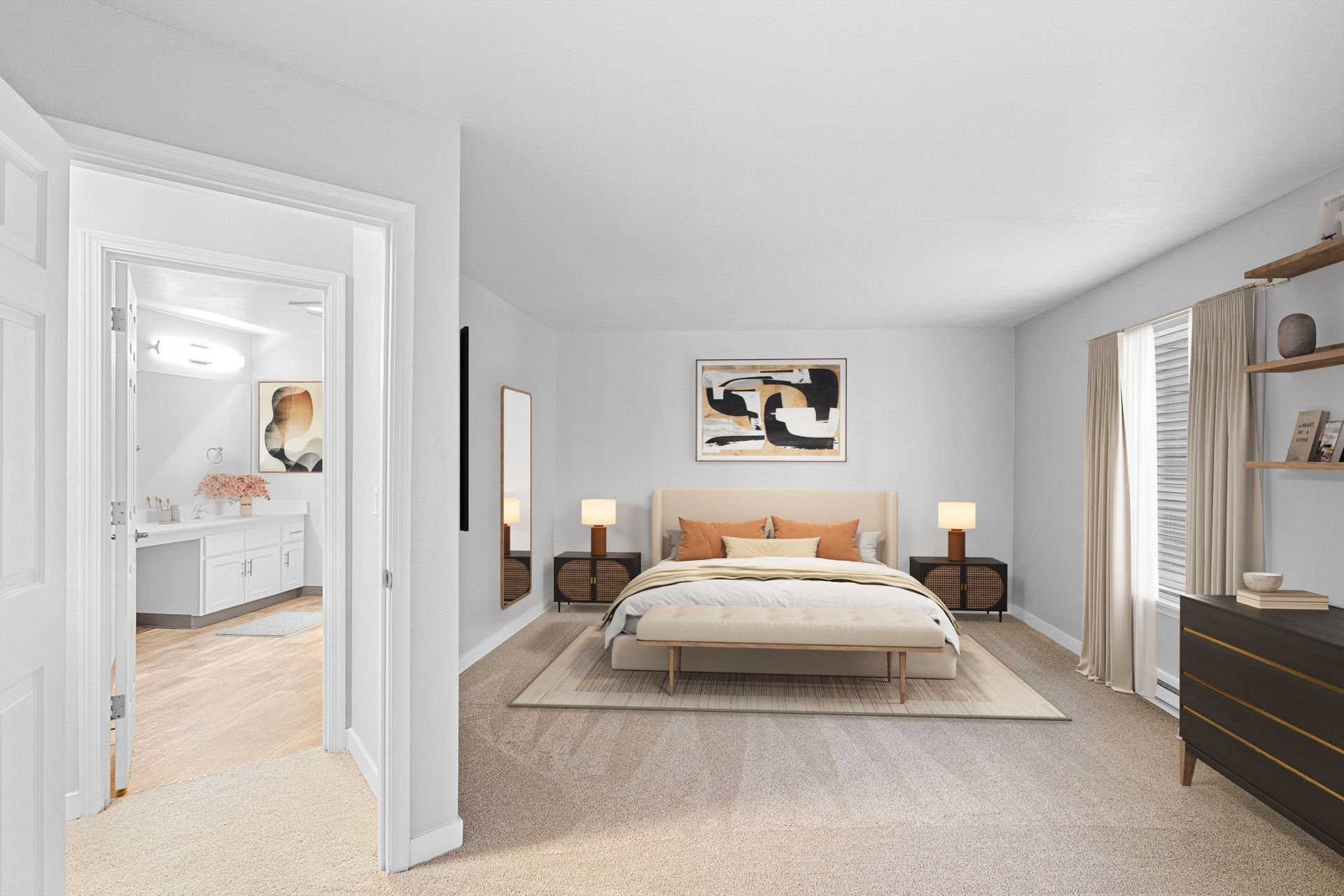 Neutral bedroom with a king bed, two nightstands, and window with curtains.