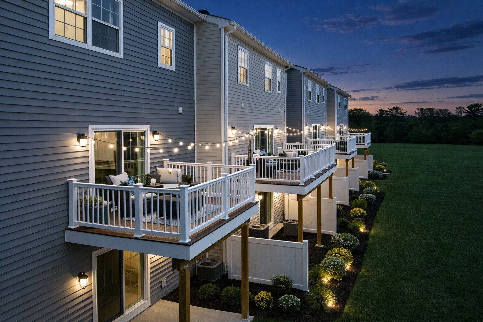Row of lit townhouse balconies at dusk beside a grassy field