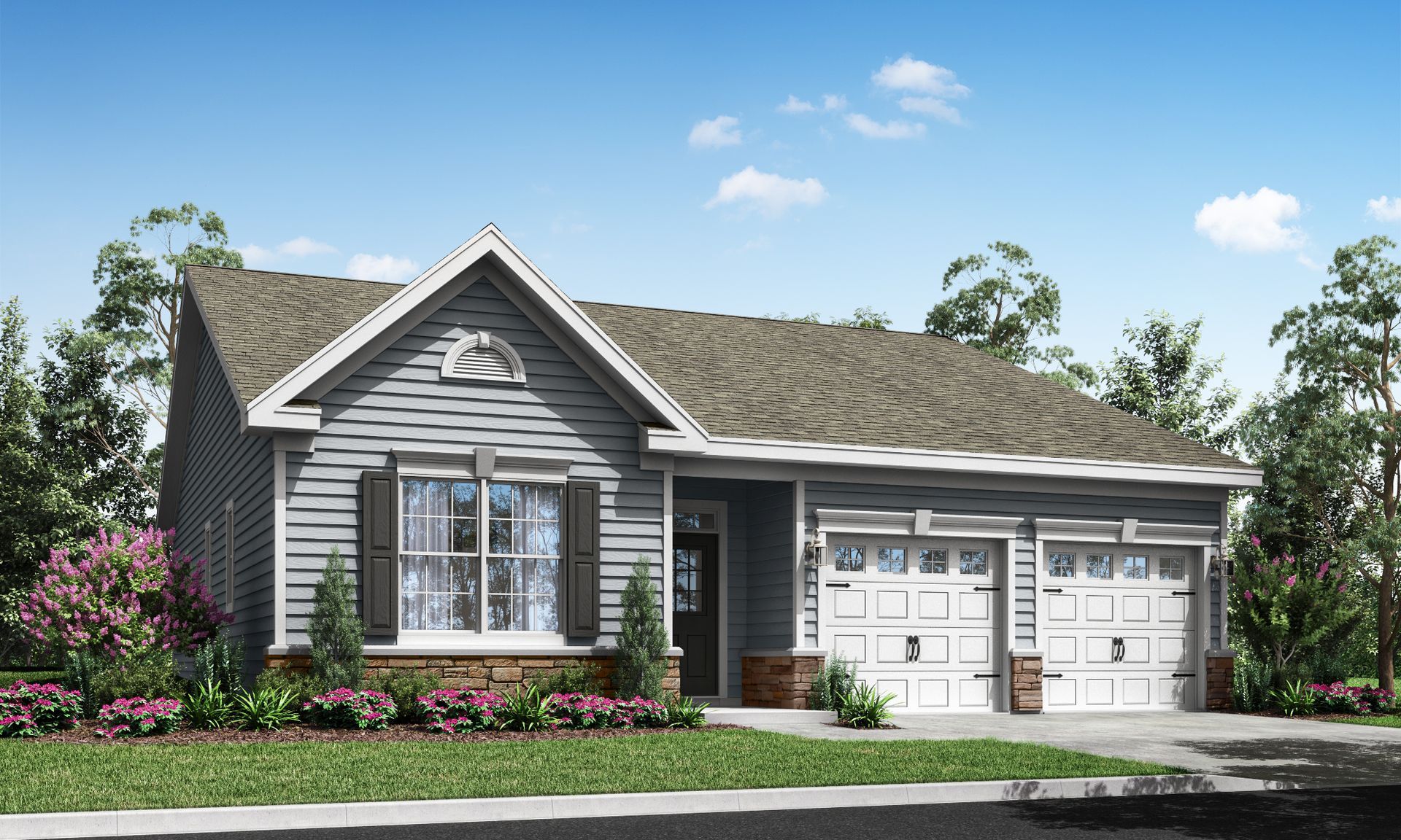 Gray single-story suburban house with white trim, a front porch, and a two-car garage, surrounded by landscaping.