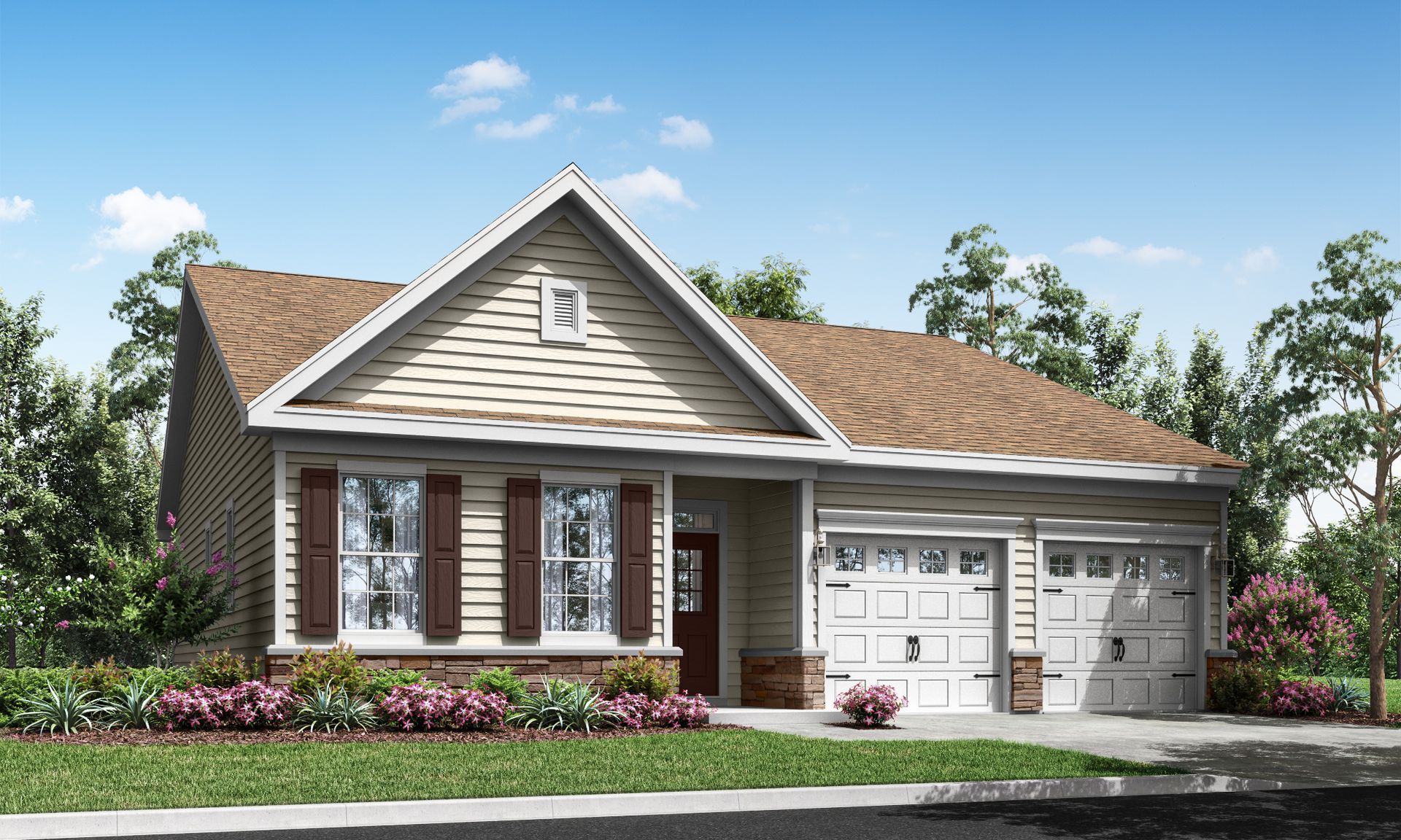 Single-story suburban house with beige siding, brick accents, and a two-car garage under a clear blue sky