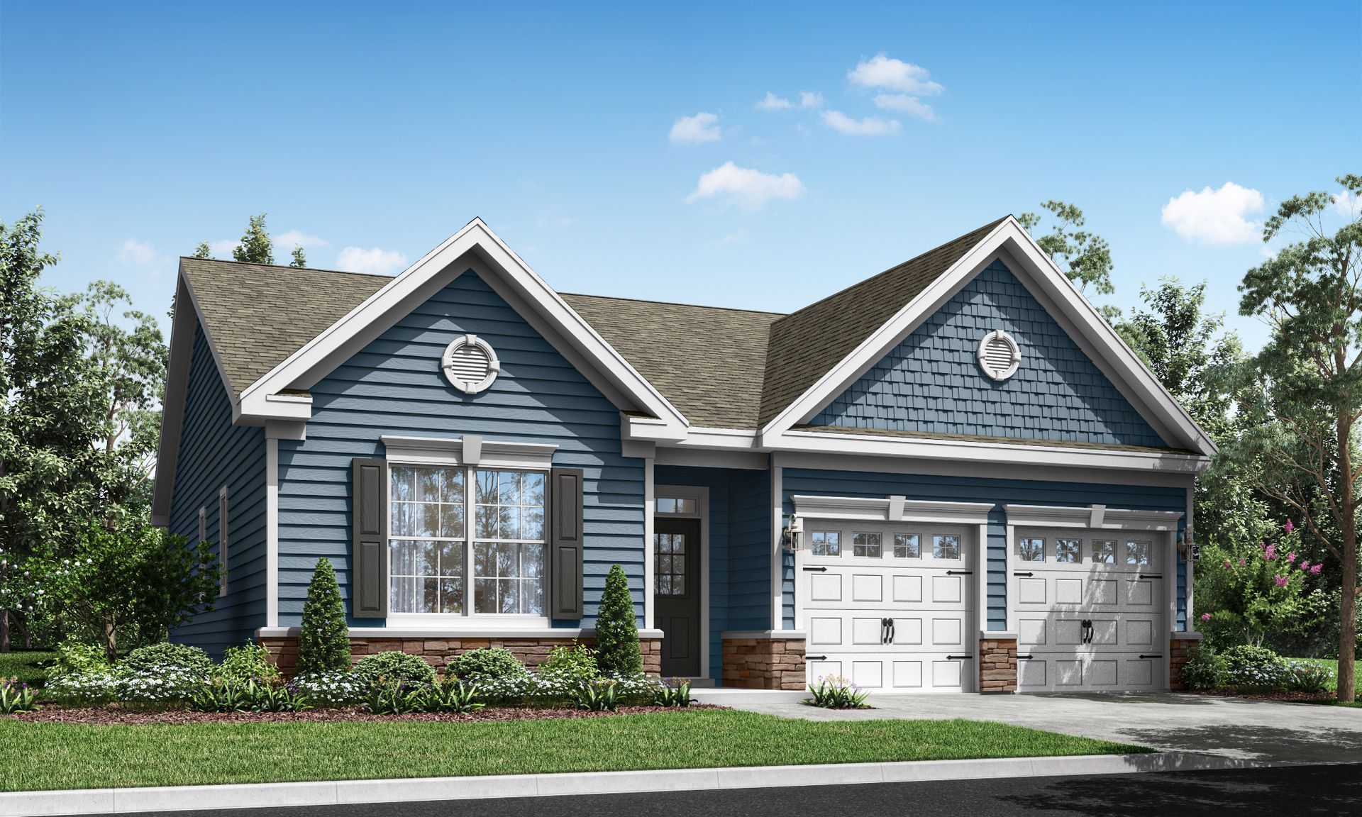 Blue suburban house with white trim, front lawn, and a two-car garage under a bright sky