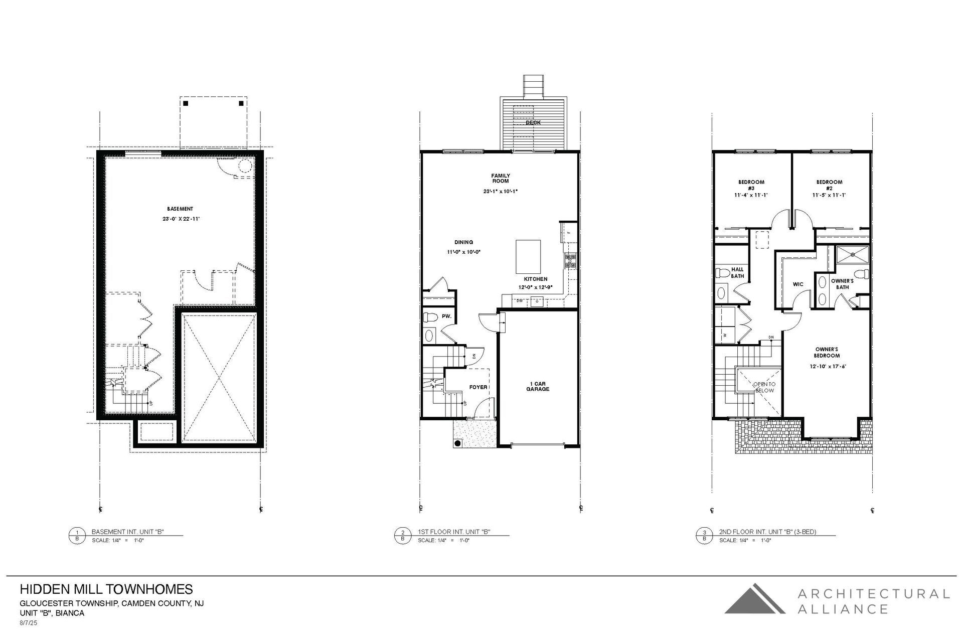 Three black-and-white architectural floor plans of a narrow building layout on a white background