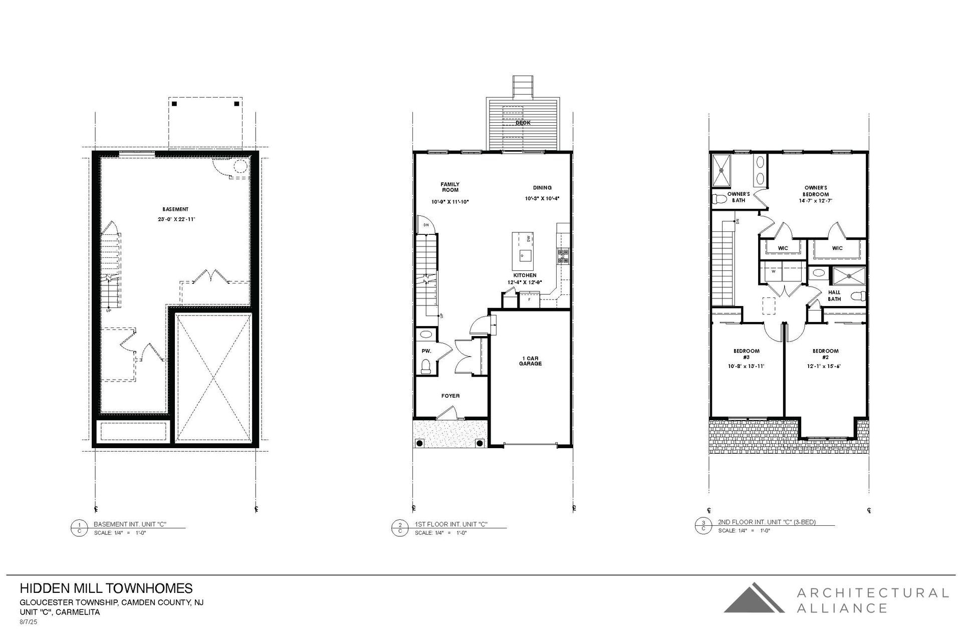 Three black-and-white architectural floor plans of narrow residential layouts shown side by side.