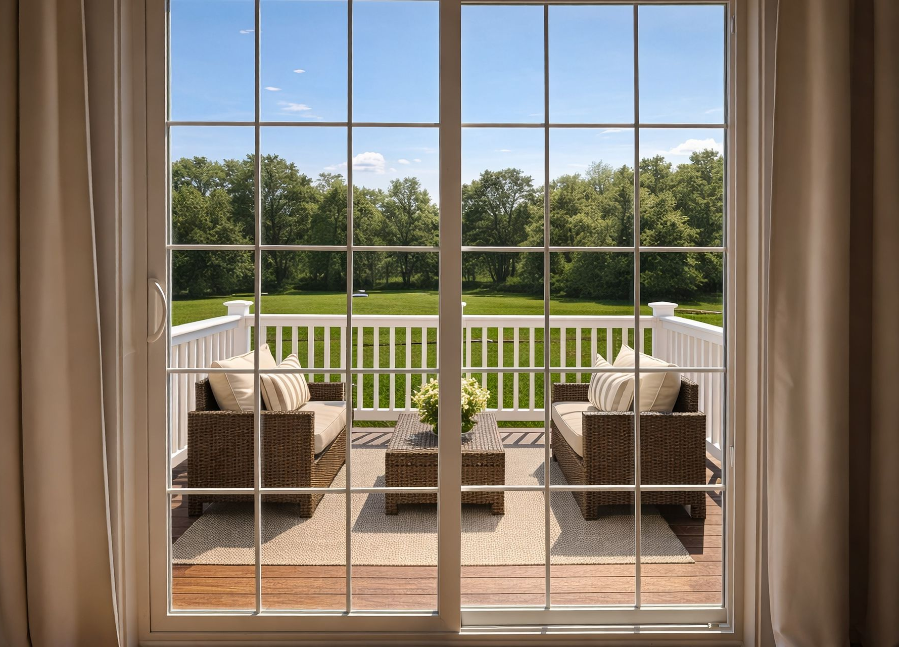Patio seating with wicker chairs and potted flowers viewed through a large window, overlooking a green lawn.