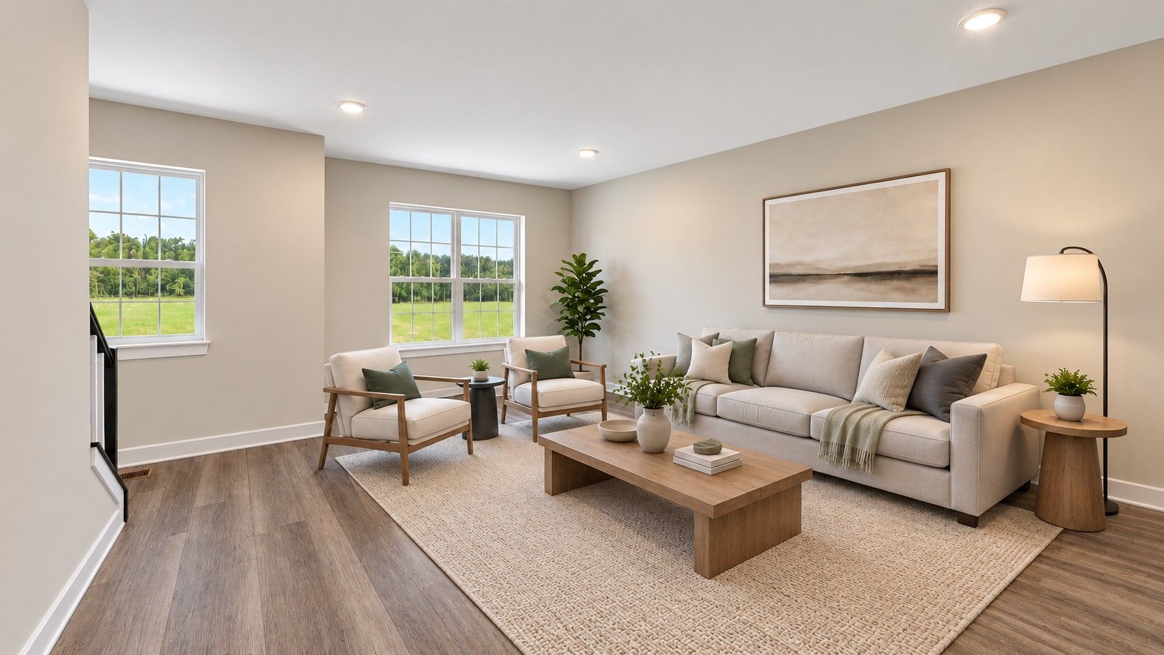 Bright modern living room with sectional sofa, fireplace, wall TV, and large windows