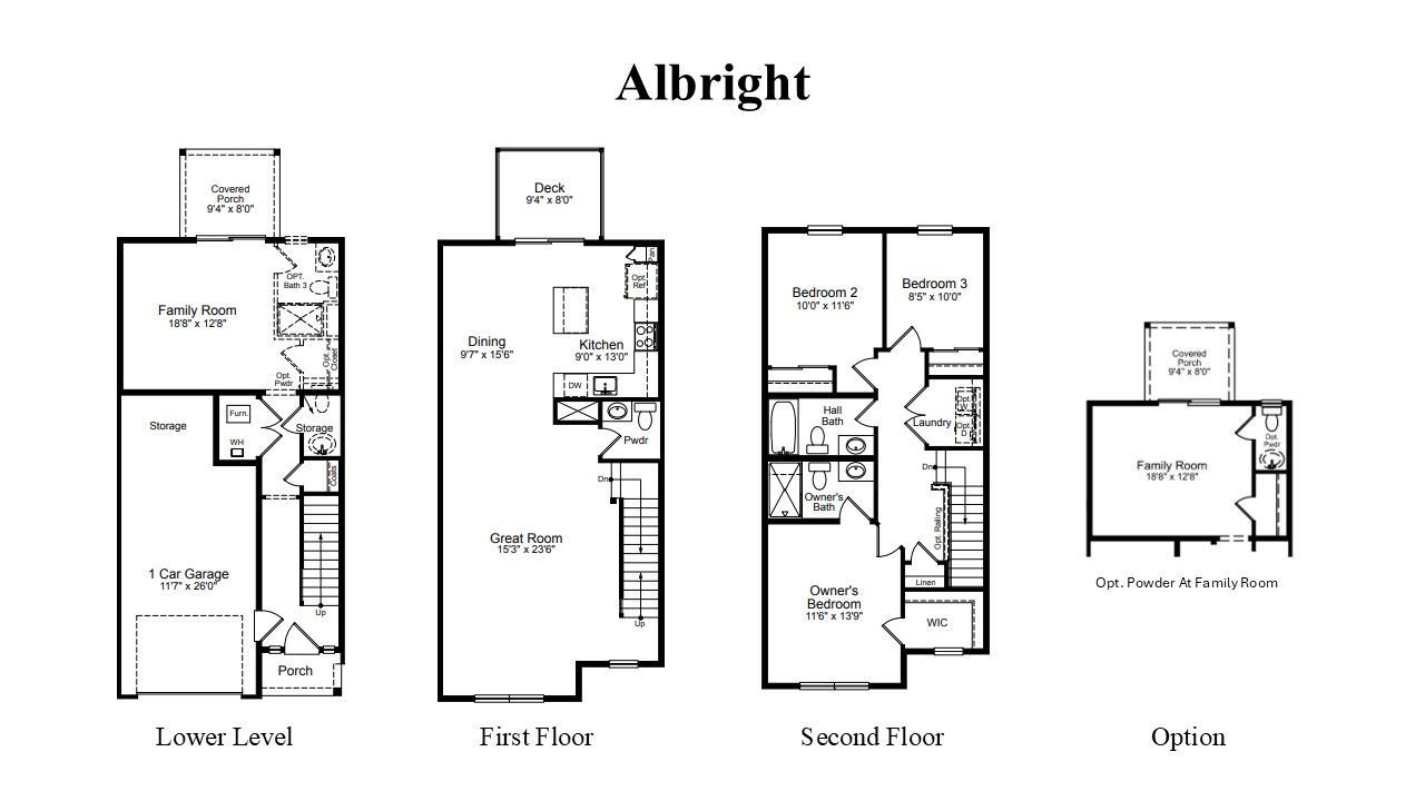 Building floor plan diagram showing lower level, first floor, second floor, and option layouts.
