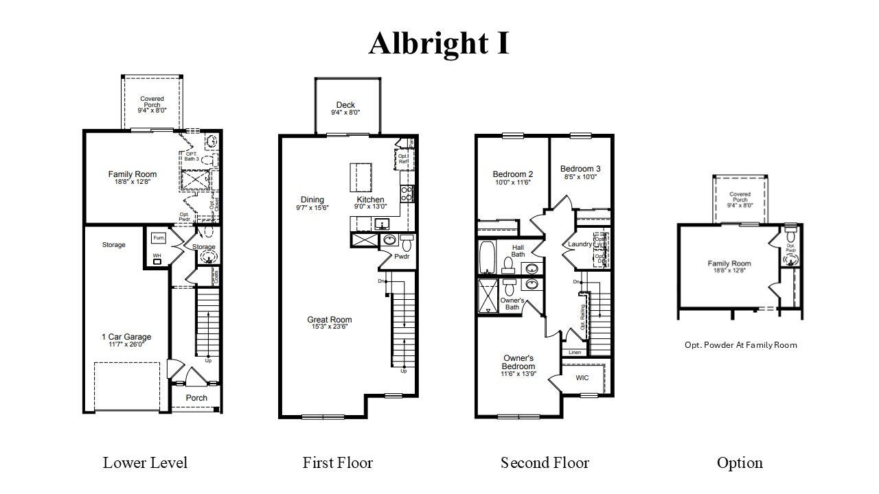Floor plan labeled “Albright I” showing four layout options on separate levels.