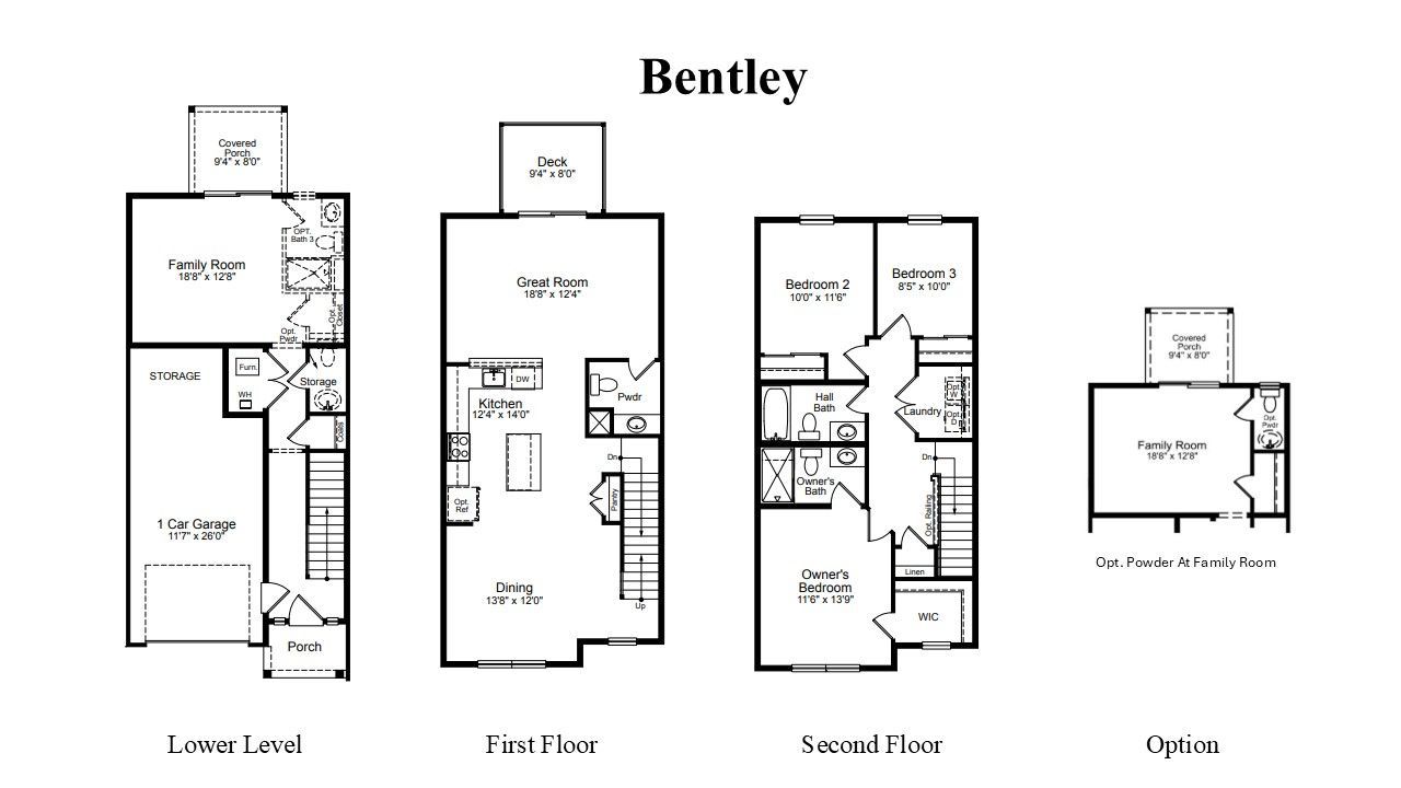 Bentley home floor plans for lower level, first floor, second floor, and garage.