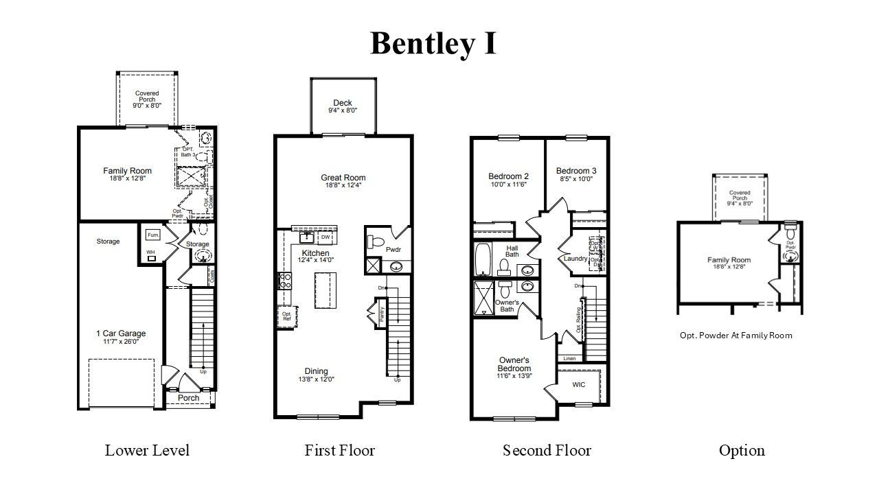 Bentley I building floor plans: lower level, first floor, second floor, and office layouts.