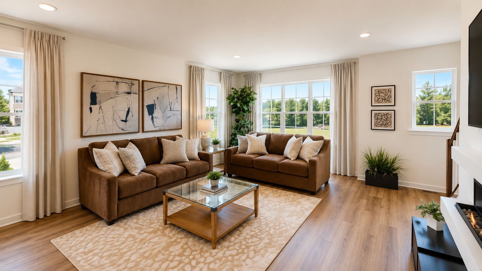 Bright living room with brown sofas, glass coffee table, wall art, and large windows.