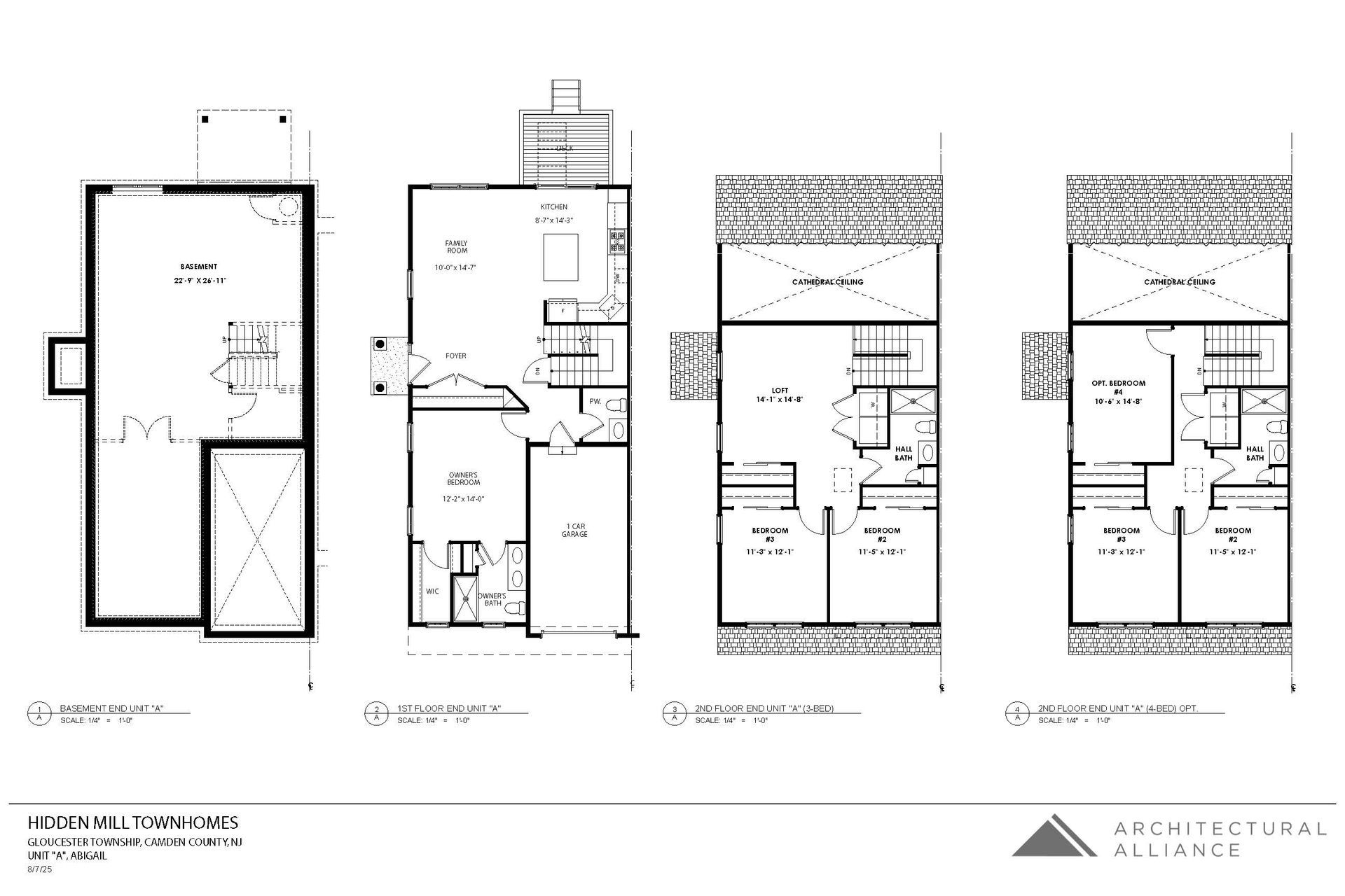 Architectural floor plan sheet with four black-and-white home layout drawings and measurements.