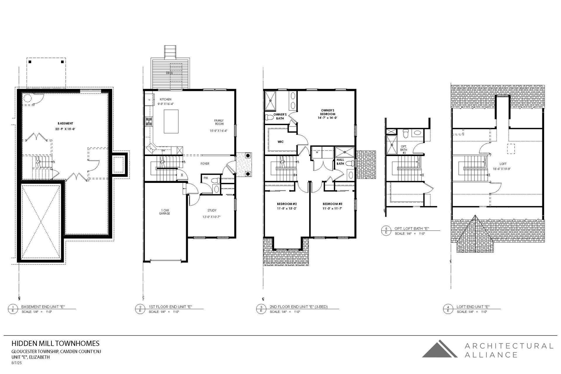 Architectural floor plan sheet showing multiple house layout diagrams and room configurations.