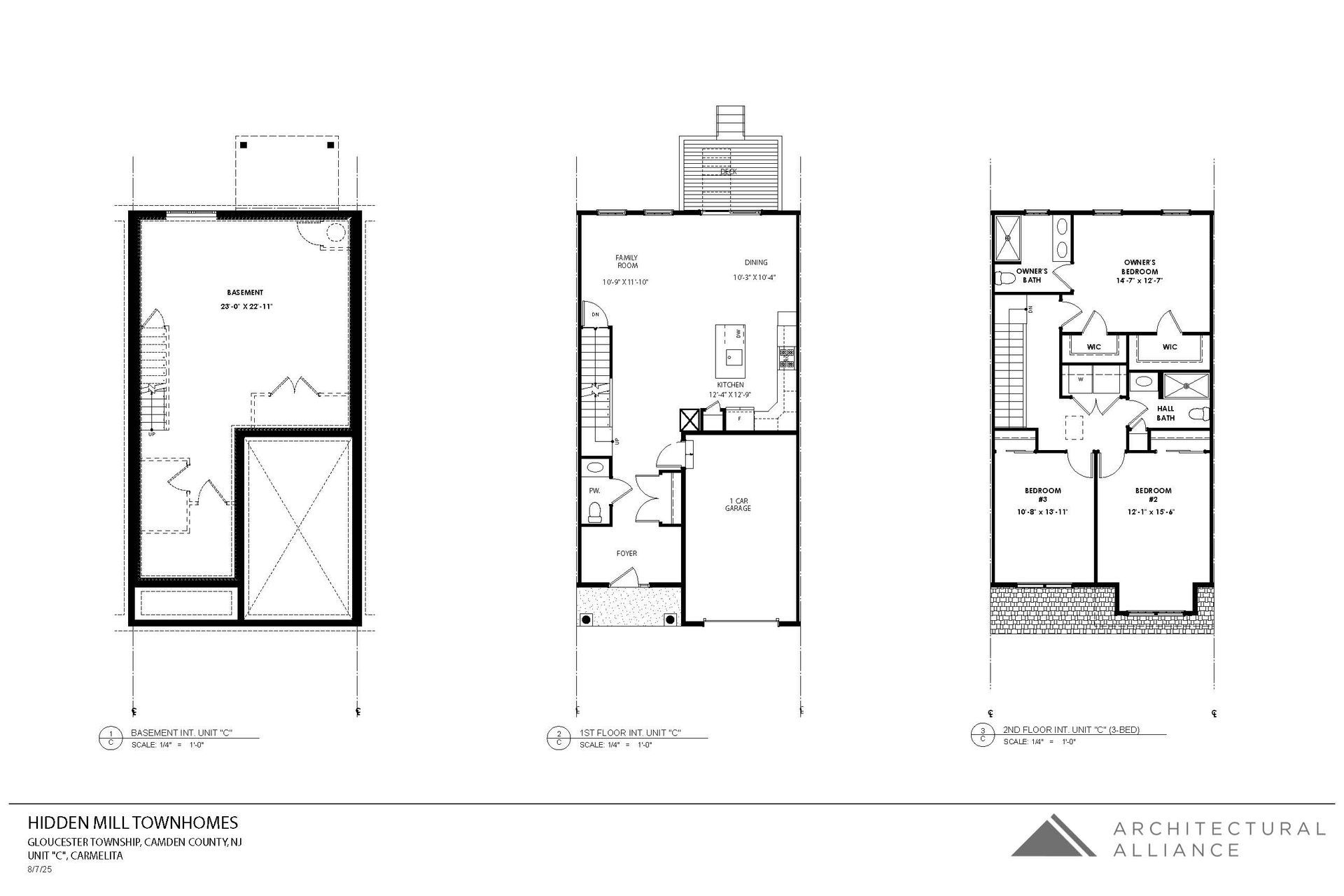 Three black-and-white architectural floor plans of narrow residential layouts shown side by side.