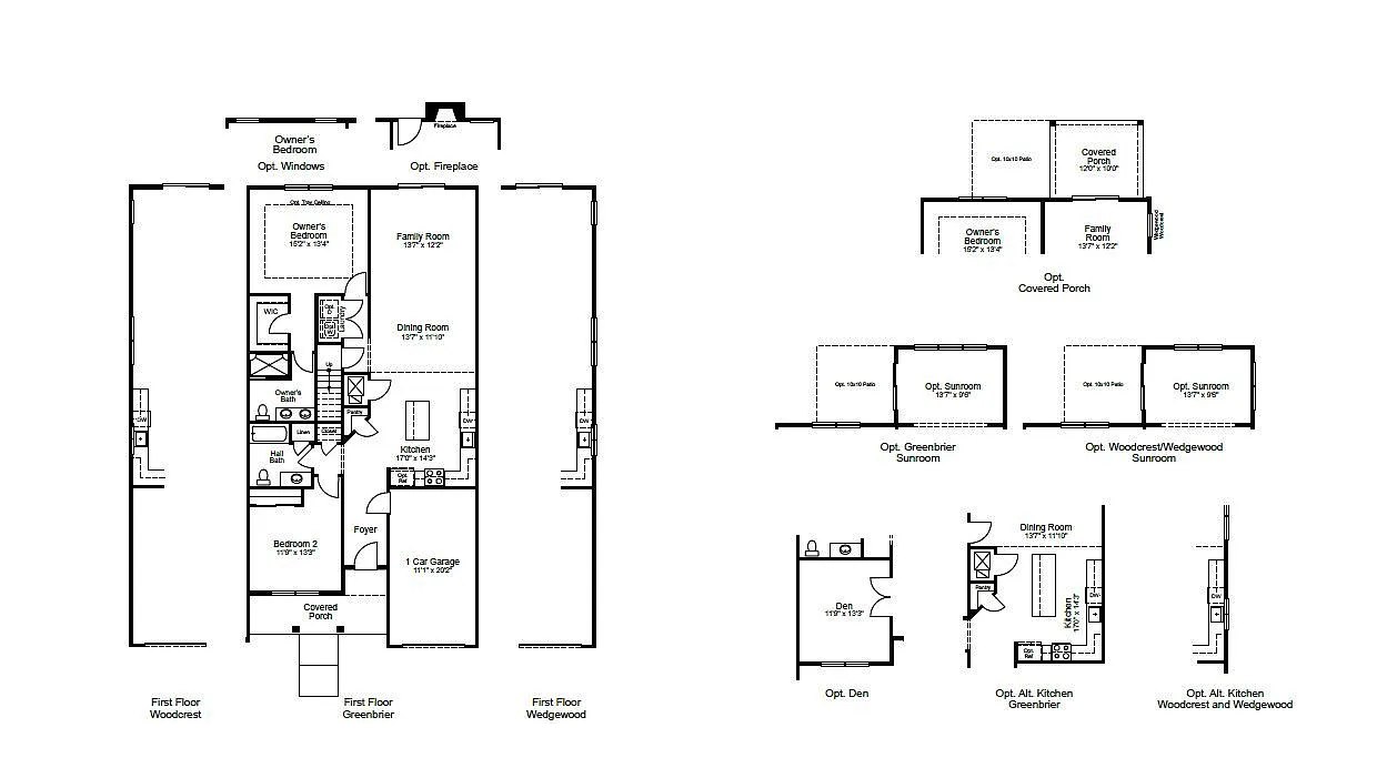 Black-and-white floor plan diagrams with labeled rooms and dimensions, showing building layouts.