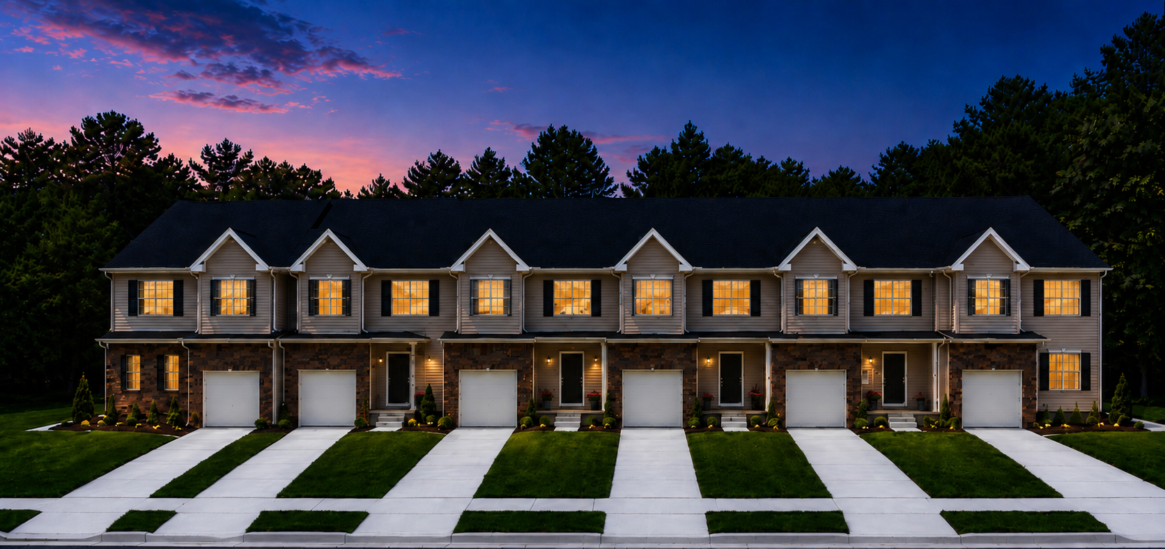 Row of beige townhouses with white garage doors and manicured lawns under a blue sky