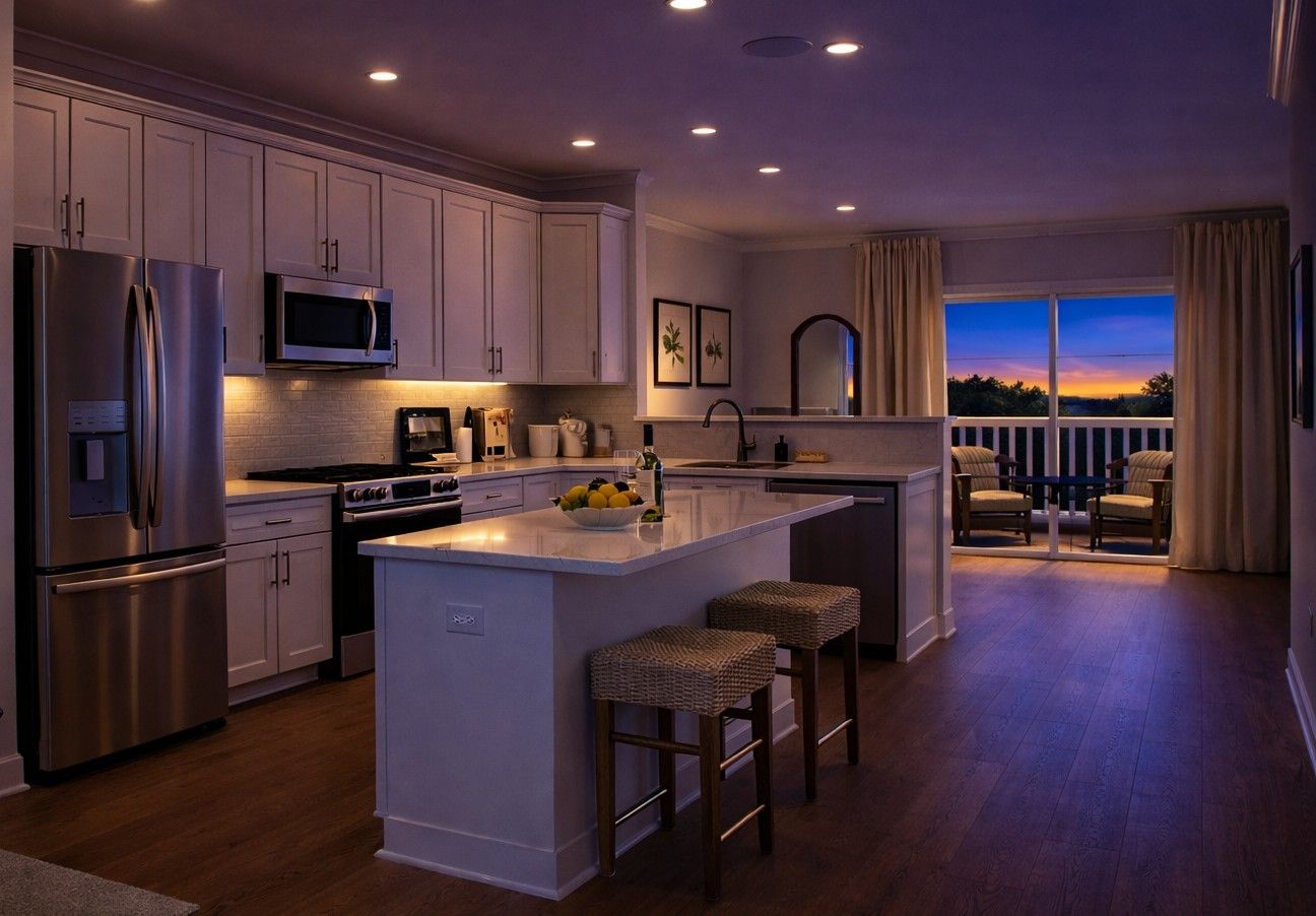 Modern kitchen with stainless steel appliances, island seating, and warm evening light from a window.