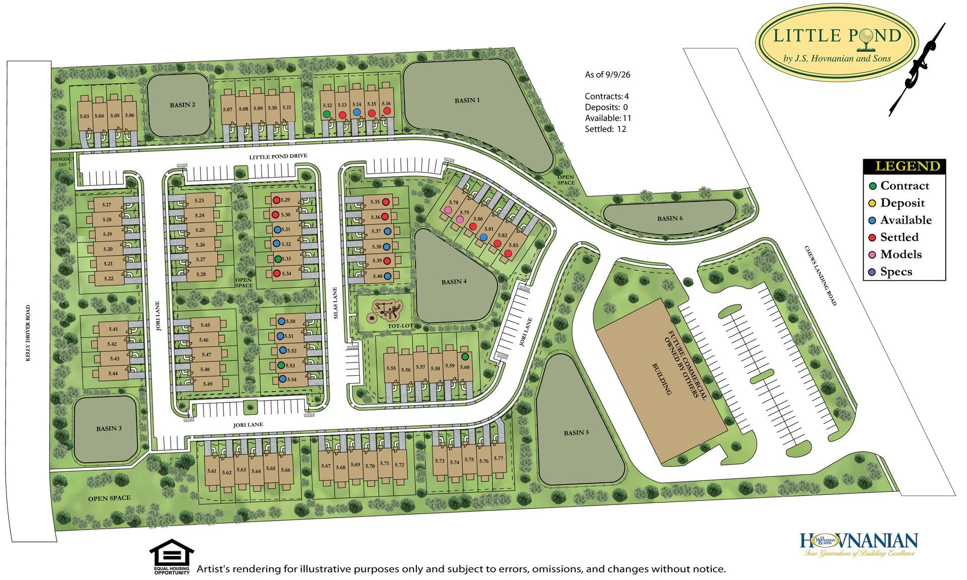 Site map of a residential development with roads, lots, green areas, and a pond labeled “Little Pond”