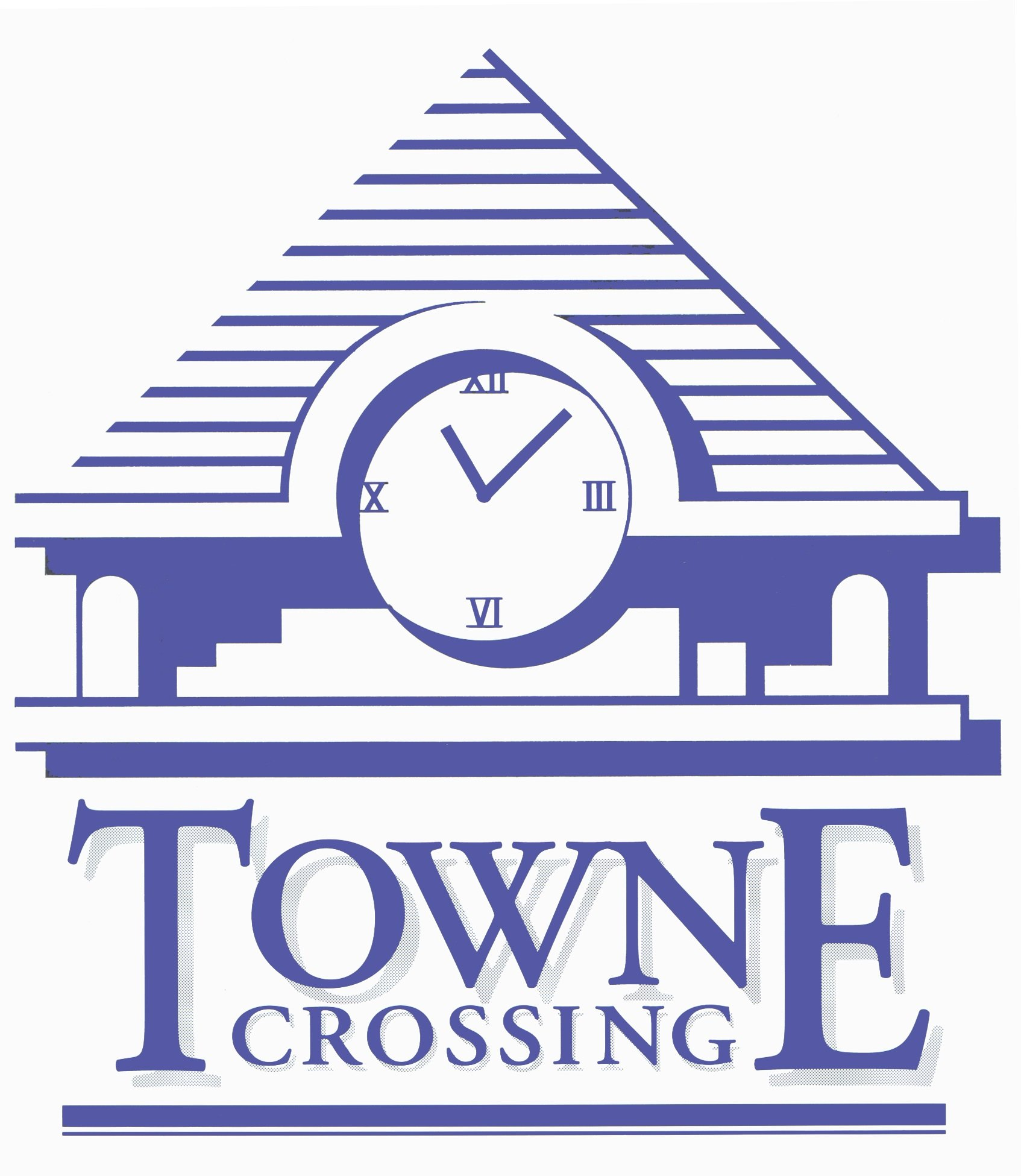 TownE Crossing logo with a blue clock and striped roof above the name, on a white background