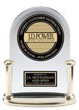 JD Power Customer Satisfaction Award plaque on a clear base with gold trim