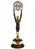 Gold award trophy with a figure raising a circular plaque on a black base