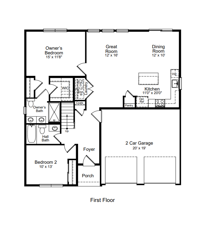 Black-and-white floor plan of a house’s first floor with labeled rooms, porch, foyer, and 2-car garage