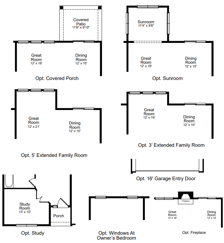 Black-and-white floor plan with multiple labeled rooms and options for a home layout.