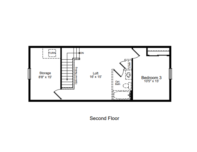 Second-floor architectural floor plan showing bedroom, bathroom, and stairs layout.