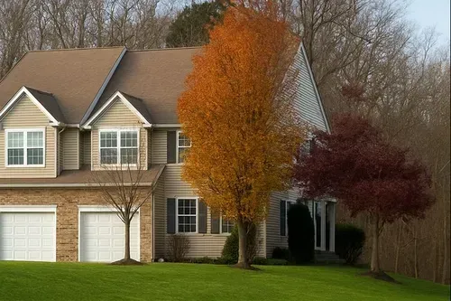 Suburban two-story house with stone facade, white garage doors, and autumn trees in front