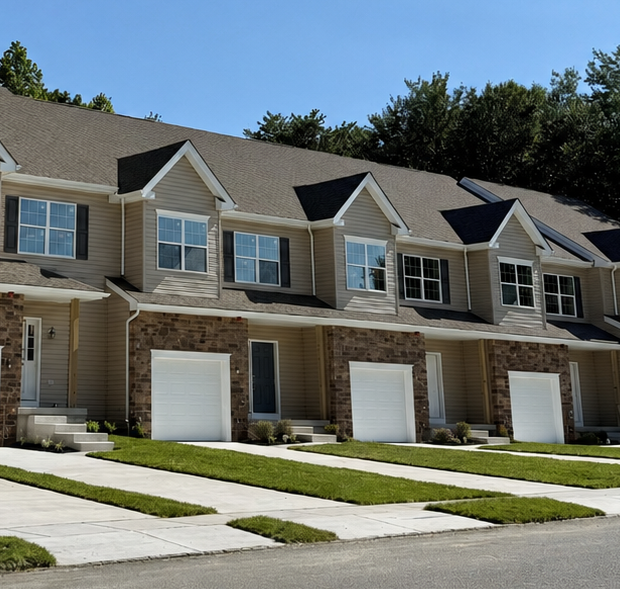 Row of beige townhouses with white garages and manicured lawns under a blue sky
