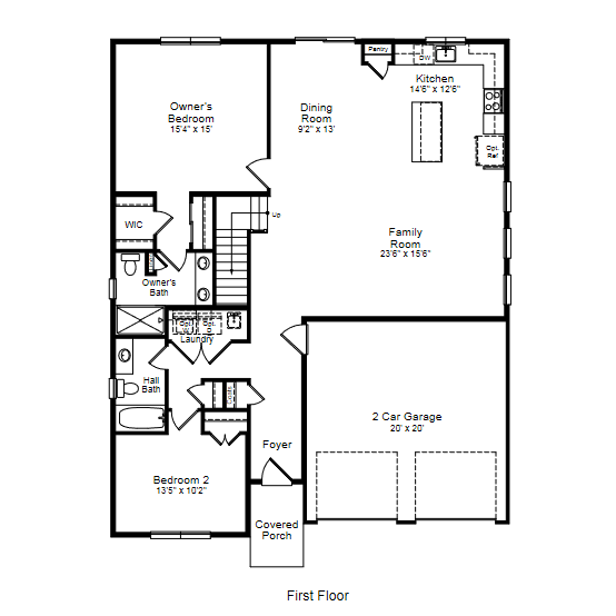 First-floor house plan with master, dining, family room, kitchen, 2 bedrooms, baths, and 2-car garage.