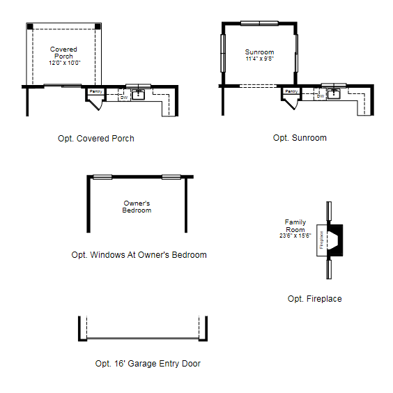 Floor plan sketches showing optional porch, sunroom, bedroom window, fireplace, and garage entry door options