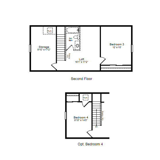 Second-floor house plan showing storage, hall bath, bedroom 3, and optional bedroom 4.