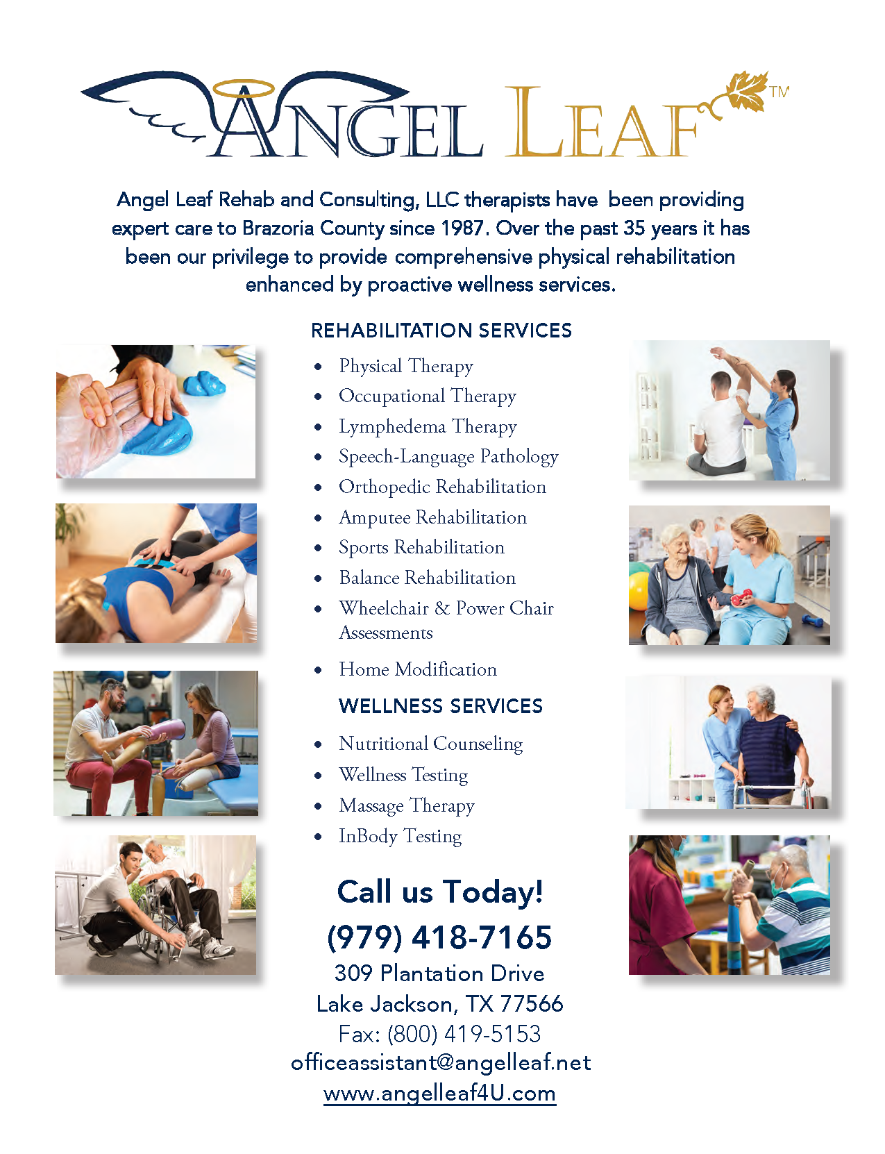 A flyer for angel leaf rehabilitation services is shown.