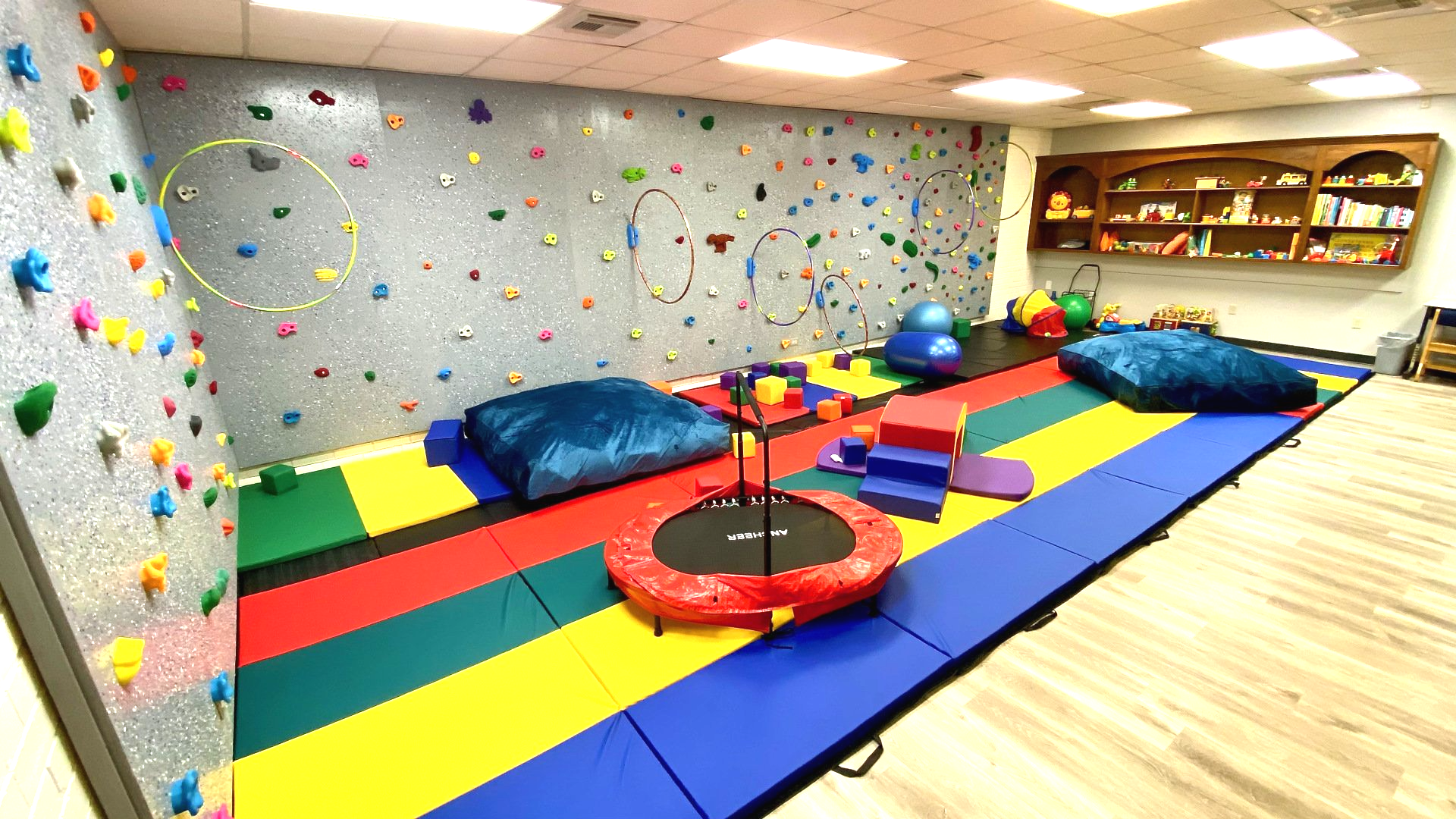 there is a climbing wall in the middle of the room .