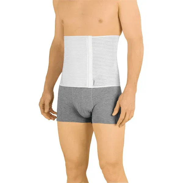 a shirtless man wearing gray shorts and a white waistband
