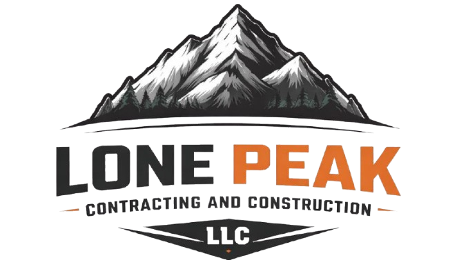 Lone Peak Contracting and Construction LLC logo with mountain graphic in black, white, and orange