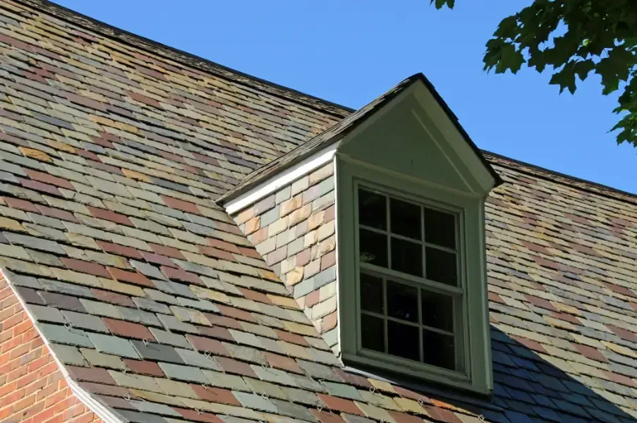 A roof with a window on it and a tree in the background