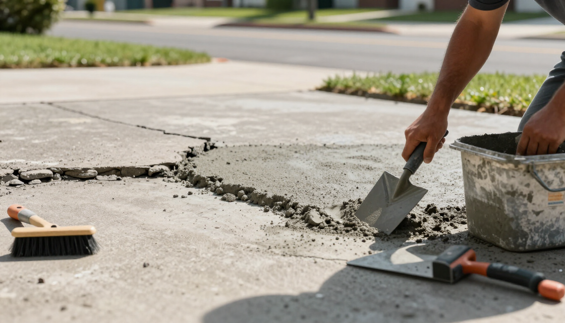Worker troweling crack filler on a damaged concrete sidewalk beside tools and a bucket