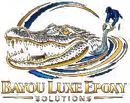 Bayou Luxe Epoxy Solutions logo with gold alligator, blue paint roller, and black background