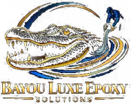 Bayou Luxe Epoxy Solutions logo with gold alligator, blue paint roller, and black background