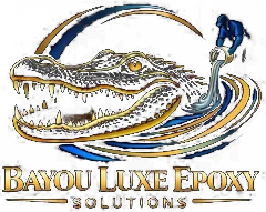 Bayou Luxe Epoxy Solutions logo with gold alligator, blue paint roller, and black background
